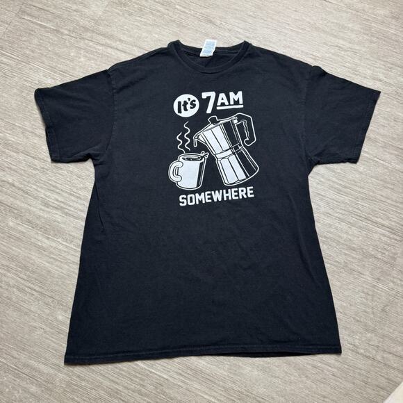 VTG Coffee Shirt It's 7 am Somewhere Black Crew Neck Tee Womens L Caffeine Bean - Picture 1 of 4